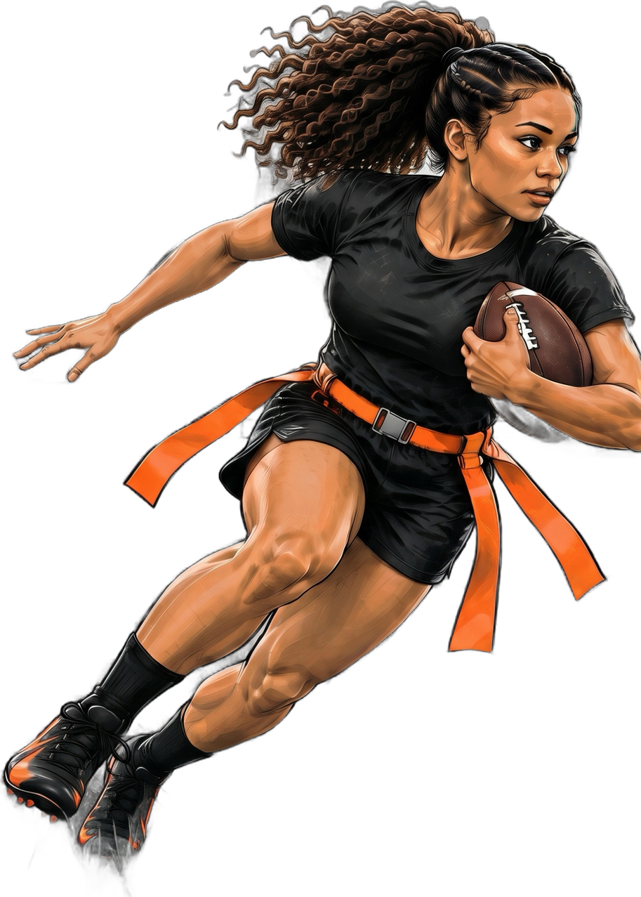 A girls flag football player carrying the ball and cutting upfield, her orange flags flying